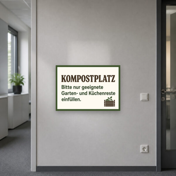 KI-generiertes Anwendungsbeispiel: Kompostplatz Schild mit Hinweis zu Garten- und Küchenresten an einer hellen Wand montiert.