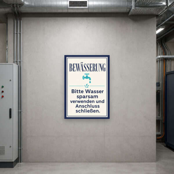 KI-generiertes Anwendungsbeispiel: Bewässerung Schild an Wand, mit Hinweis Wasser sparsam verwenden und Anschluss schließen.