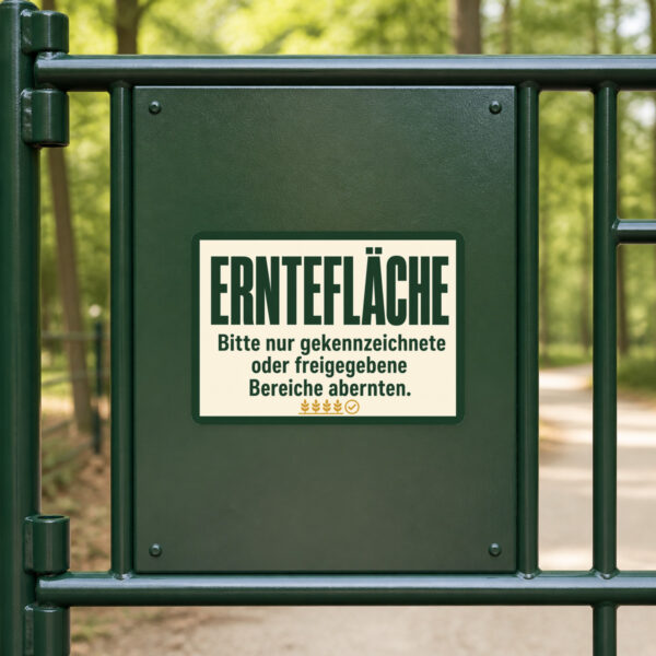 KI-generiertes Anwendungsbeispiel: Erntefläche Aufkleber mit rotem Rahmen auf Metallhintergrund für Selbstpflückbereiche.