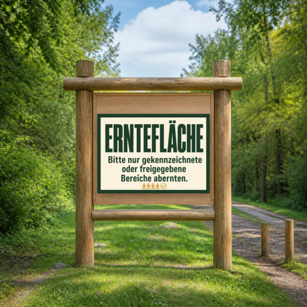 KI-generiertes Anwendungsbeispiel: Erntefläche Schild mit Hinweistext für freigegebene Bereiche an einer Gartenwand.