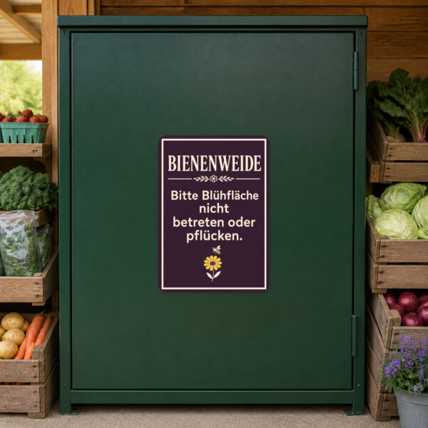 KI-generiertes Anwendungsbeispiel: Bienenweide Aufkleber auf glatter Fläche mit Blumenwiese und Naturschutzhinweis.