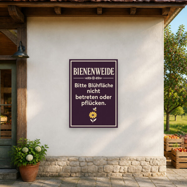 KI-generiertes Anwendungsbeispiel: Bienenweide Schild „Bitte Blühfläche nicht betreten oder pflücken“ an heller Wand.