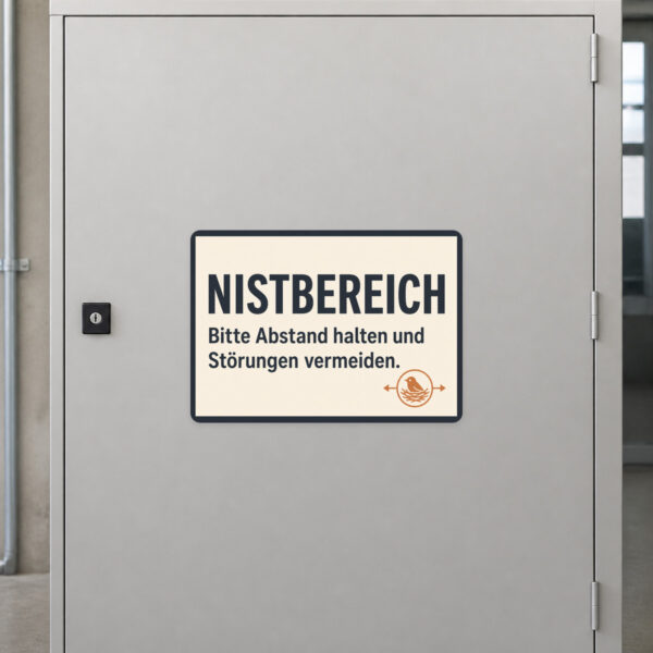 KI-generiertes Anwendungsbeispiel: Nistbereich Aufkleber mit Naturmotiv, Nest und Hinweis auf Abstand und Störungen vermeiden.