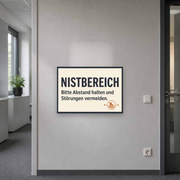 KI-generiertes Anwendungsbeispiel: Nistbereich Schild „Bitte Abstand halten und Störungen vermeiden“ an einer Wand montiert.