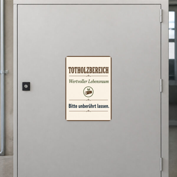 KI-generiertes Anwendungsbeispiel: Totholzbereich Aufkleber mit Naturmotiv und Hinweis Bitte unberührt lassen.