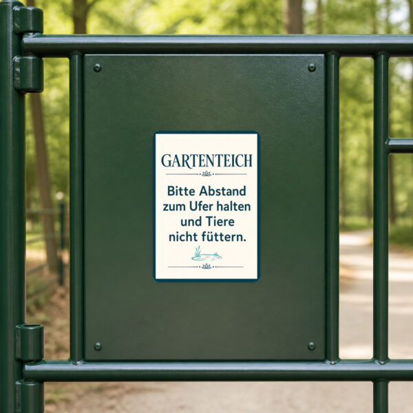 KI-generiertes Anwendungsbeispiel: Gartenteich Aufkleber mit Hinweis Abstand zum Ufer halten und Tiere nicht füttern.