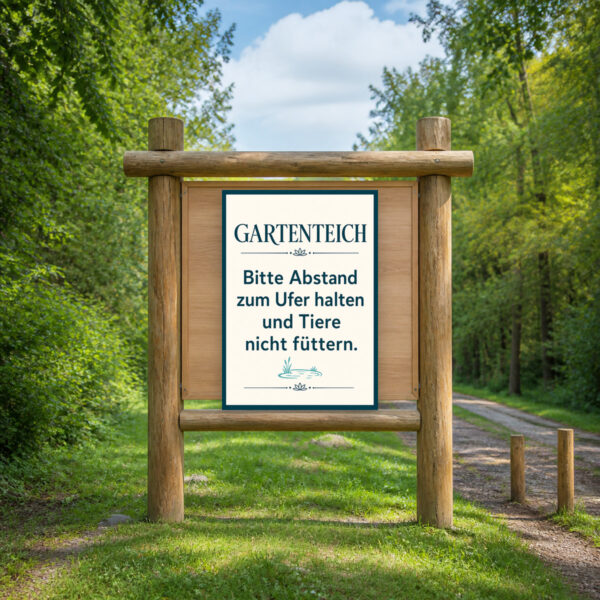 KI-generiertes Anwendungsbeispiel: Gartenteich Schild mit Hinweis Abstand zum Ufer halten und Tiere nicht füttern.
