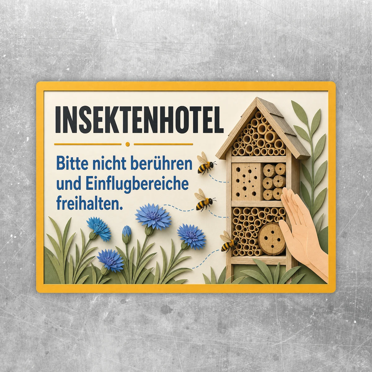 Insektenhotel Aufkleber im Querformat mit Text Bitte nicht berühren und Einflugbereiche freihalten, Bienen und Blumen.
