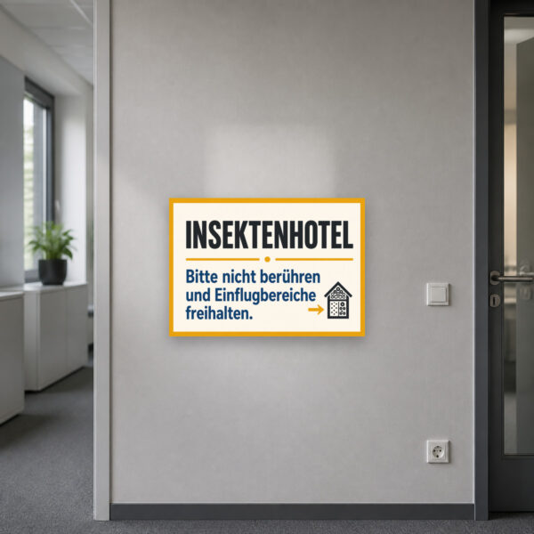 KI-generiertes Anwendungsbeispiel: Insektenhotel Schild „Bitte nicht berühren“ an Ziegelwand mit Bienenhotel-Motiv.