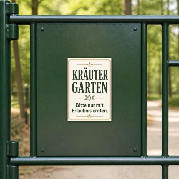 KI-generiertes Anwendungsbeispiel: Kräutergarten Aufkleber auf glatter Fläche mit Kräuterbeet und Ernte-Hinweis.