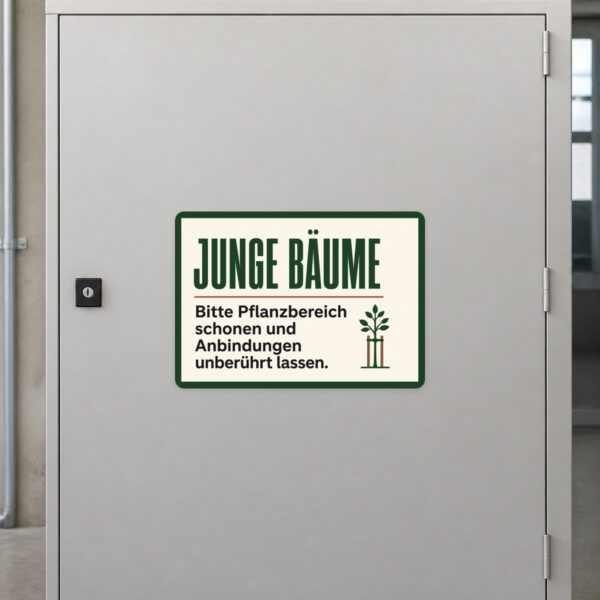 KI-generiertes Anwendungsbeispiel: Junge Bäume Aufkleber an Grünfläche mit Hinweis zum Pflanzbereich schonen.