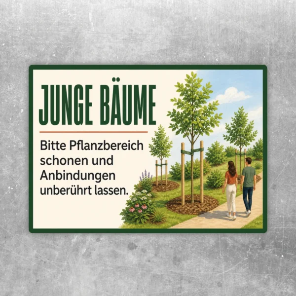 Junge Bäume Aufkleber im Querformat mit Hinweis zum Schonen des Pflanzbereichs und unberührten Anbindungen.