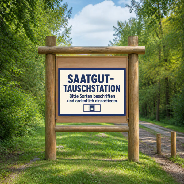 KI-generiertes Anwendungsbeispiel: Saatgut-Tauschstation Schild mit Sonnenblume, Sortierkasten und Beschriftungshinweis.
