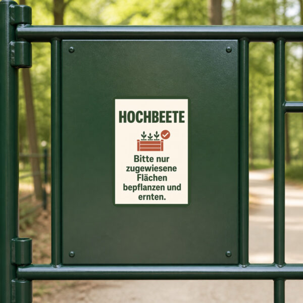 KI-generiertes Anwendungsbeispiel: Hochbeete Aufkleber mit bordeauxfarbenem Rahmen an einer Gartenfläche.
