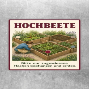 Hochbeete Aufkleber mit Gartenmotiv und Hinweis, nur zugewiesene Flächen zu bepflanzen und zu ernten.