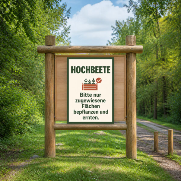 KI-generiertes Anwendungsbeispiel: Hochbeete Schild mit Hinweis zu zugewiesenen Flächen an einer hellen Wand präsentiert.
