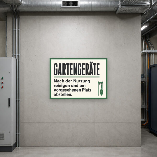 KI-generiertes Anwendungsbeispiel: Gartengeräte Schild im Schuppen mit Hinweis zum Reinigen und Abstellen am vorgesehenen Platz.