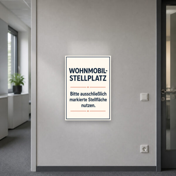 KI-generiertes Anwendungsbeispiel: Wohnmobil Stellplatz Schild – markierte Stellfläche nutzen am passenden Einsatzort mit gut sichtbarem Motiv und klarer Beschriftung.