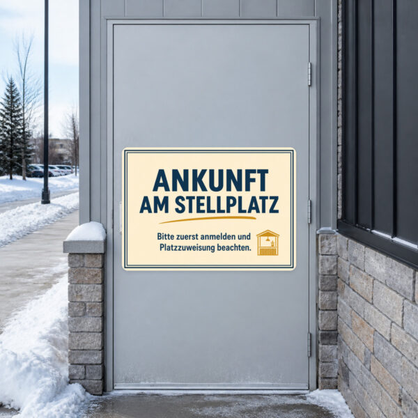 KI-generiertes Anwendungsbeispiel: Aufkleber Ankunft am Stellplatz als Hinweis an Rezeption oder Zufahrt.