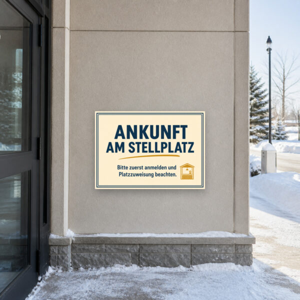 KI-generiertes Anwendungsbeispiel: Stellplatz Schild „Ankunft am Stellplatz“ mit Wohnmobilmotiv und Anmeldehinweis.