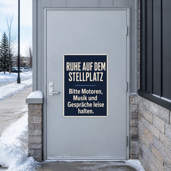 KI-generiertes Anwendungsbeispiel: Stellplatz Ruhe Aufkleber mit Wohnmobilmotiv und Hinweis auf leise Motoren, Musik und Gespräche.