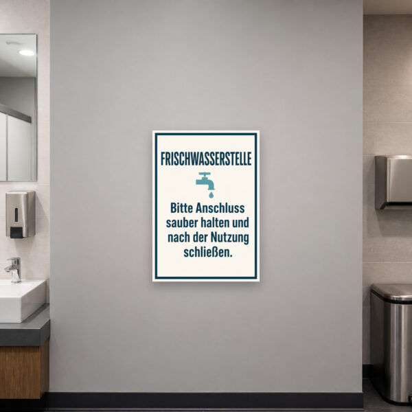 KI-generiertes Anwendungsbeispiel: Frischwasserstelle Schild mit Anschluss-Motiv und Hinweis zum Sauberhalten und Schließen.