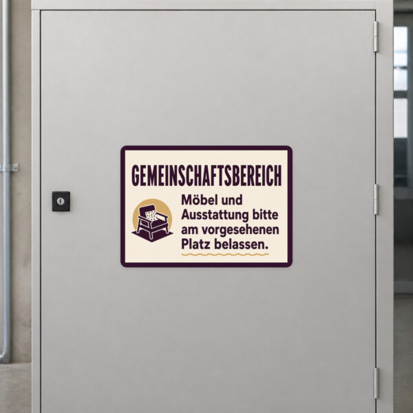 KI-generiertes Anwendungsbeispiel: Gemeinschaftsbereich Aufkleber an grauer Wand mit Möbel- und Ausstattungshinweis.
