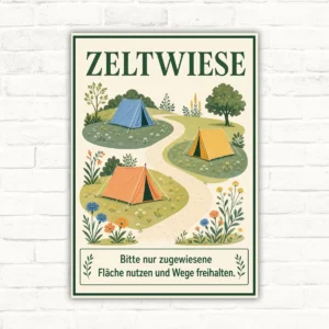 Zeltwiese Schild – Zugewiesene Fläche nutzen und Wege freihalten mit gut lesbarem Motiv und klarer Beschriftung als bedrucktes Schild aus Aluminium-Verbundplatte.