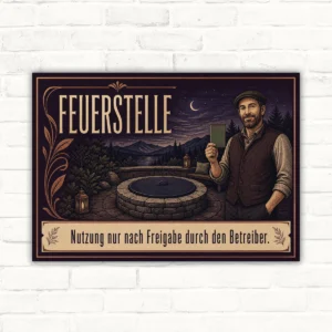 Feuerstelle Schild mit Wortlaut „Nutzung nur nach Freigabe durch den Betreiber“ als bedrucktes Querformat-Schild.