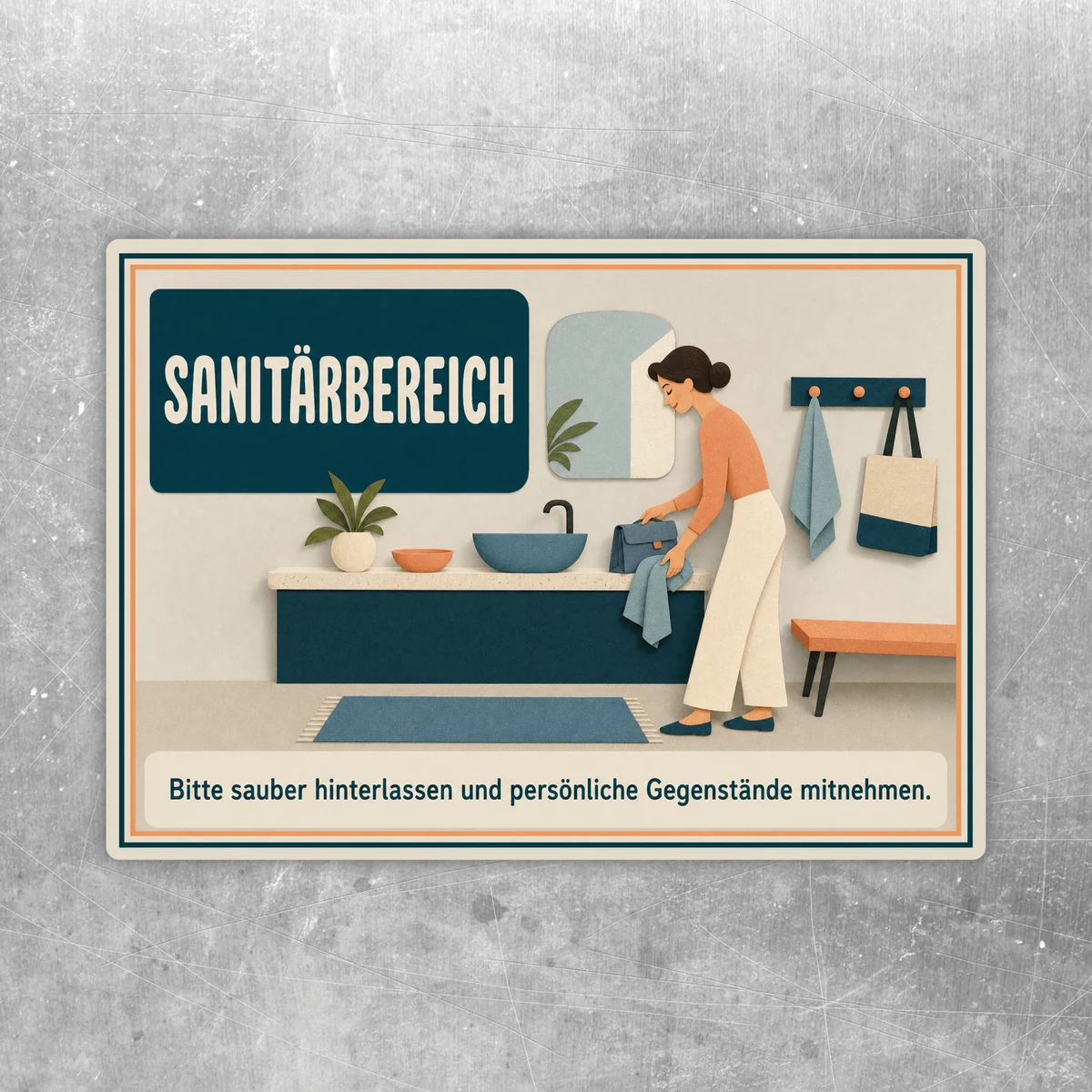 Sanitärbereich sauber hinterlassen Aufkleber mit Waschraum-Motiv und Hinweis zum Mitnehmen persönlicher Gegenstände.