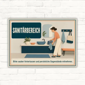 Sanitärbereich Schild mit Wortlaut „Bitte sauber hinterlassen und persönliche Gegenstände mitnehmen“ im Querformat.