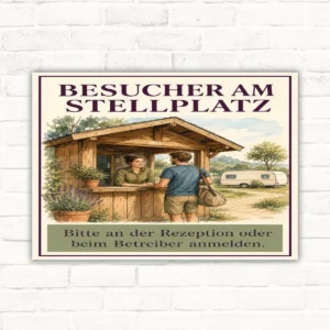 Hochformat-Schild mit Text „Besucher am Stellplatz“ und „Bitte an der Rezeption oder beim Betreiber anmelden“.