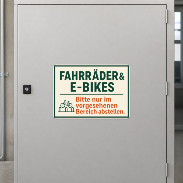 KI-generiertes Anwendungsbeispiel: Fahrräder & E-Bikes Aufkleber auf grauem Untergrund mit gelb-blauem Retro-Motiv.