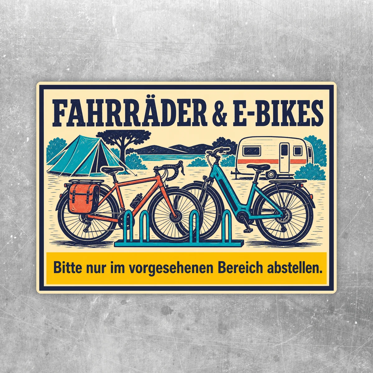 Fahrräder & E-Bikes Aufkleber im Querformat mit Retro-Motiv und Hinweis zum Abstellen im vorgesehenen Bereich.