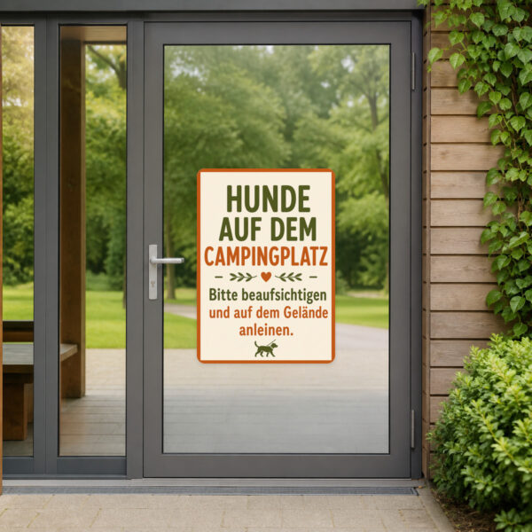 KI-generiertes Anwendungsbeispiel: Hundeaufkleber am Campingplatz mit Hund an der Leine, Zelt, Wohnmobil und Hinweistext.