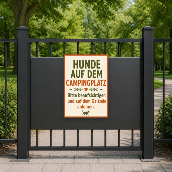 KI-generiertes Anwendungsbeispiel: Hundeschild Campingplatz – Hunde beaufsichtigen und anleinen am passenden Einsatzort mit gut sichtbarem Motiv und klarer Beschriftung.