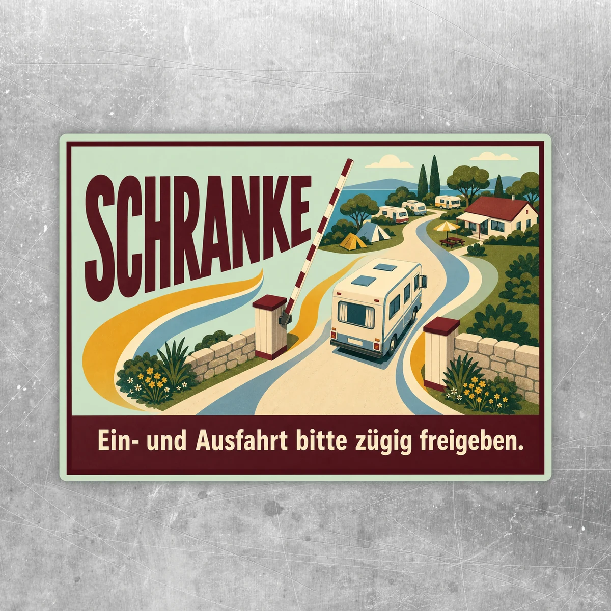 Aufkleber mit Schranke, Wohnmobil und Text Ein- und Ausfahrt bitte zügig freigeben im Querformat.