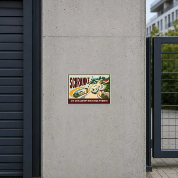 KI-generiertes Anwendungsbeispiel: Aufkleber Schranke mit Wohnmobil und Hinweis zur zügigen Freigabe der Einfahrt.