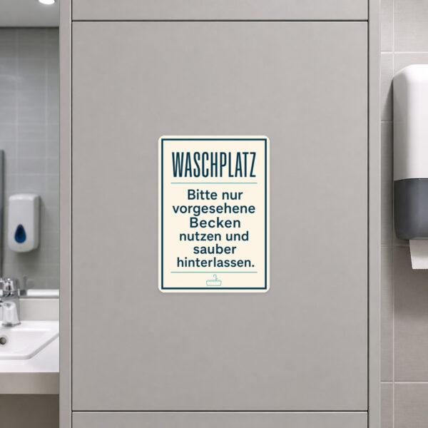 KI-generiertes Anwendungsbeispiel: Waschplatz Aufkleber an einer Waschstation mit Becken im Außenbereich.
