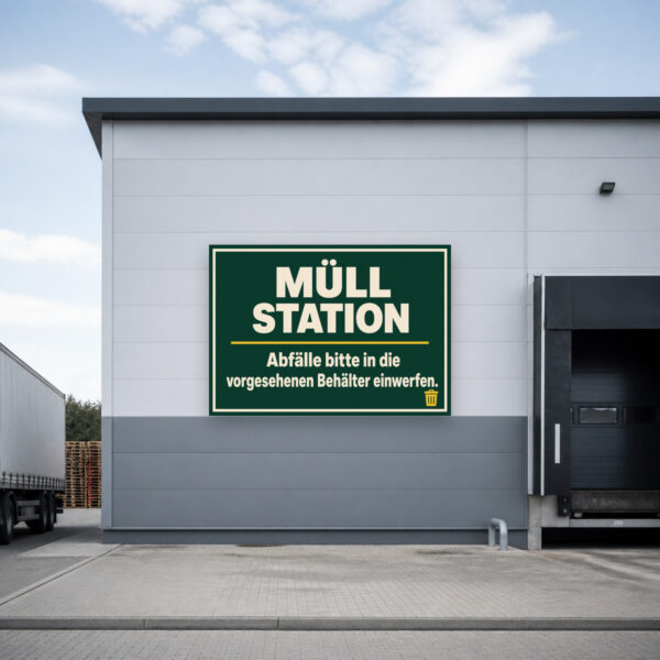 KI-generiertes Anwendungsbeispiel: Müllstation Schild mit Abfälle-Hinweis an einer überdachten Entsorgungsstelle.