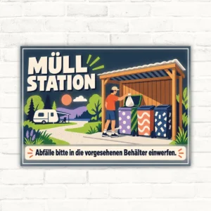 Müllstation Schild mit Wortlaut „Abfälle bitte in die vorgesehenen Behälter einwerfen“ und illustrierter Müllstation.