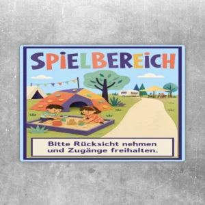 Spielbereich Aufkleber mit Spielplatzmotiv, Kindern im Sandkasten und Hinweis Bitte Rücksicht nehmen und Zugänge freihalten.