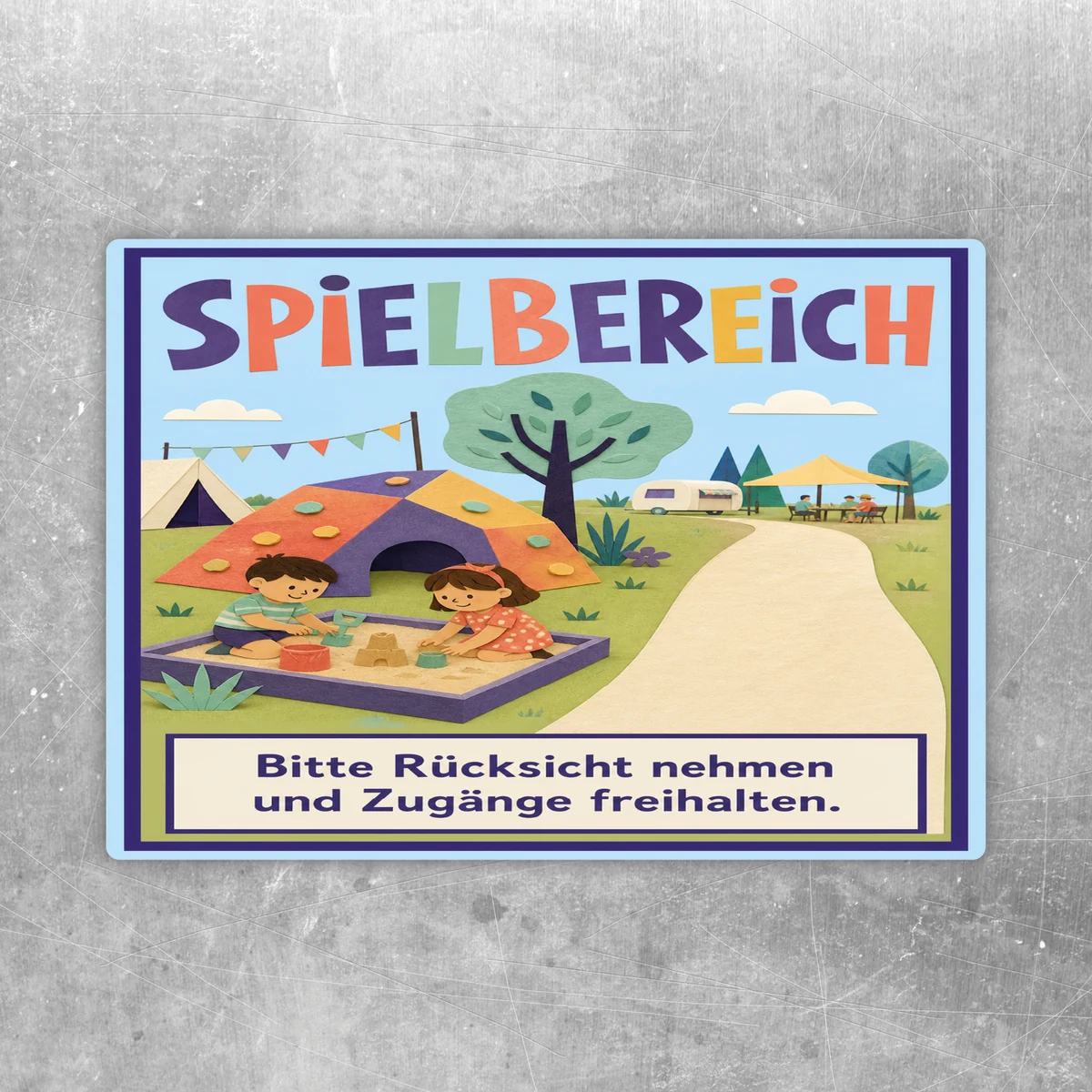 Spielbereich Aufkleber mit Spielplatzmotiv, Kindern im Sandkasten und Hinweis Bitte Rücksicht nehmen und Zugänge freihalten.