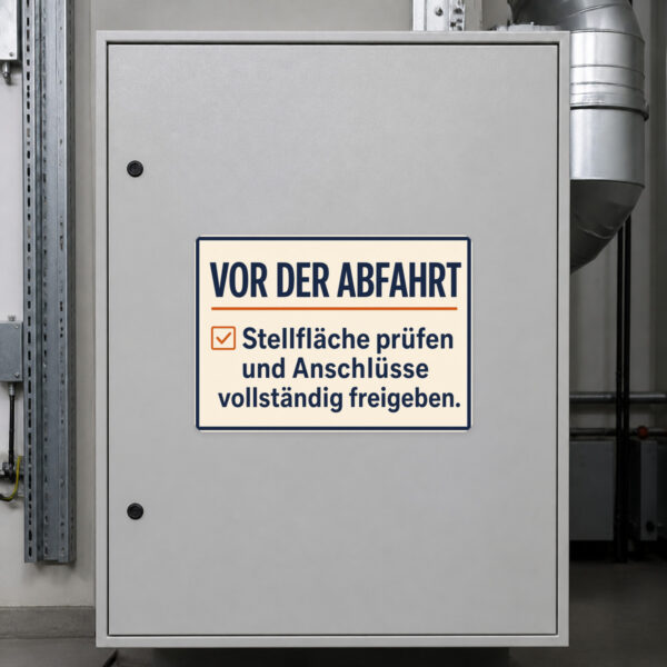 KI-generiertes Anwendungsbeispiel: Wohnmobil Aufkleber Vor der Abfahrt auf grauem Untergrund mit Campingmotiv.