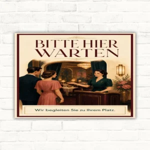 Bitte hier warten Schild mit Wortlaut „Wir begleiten Sie zu Ihrem Platz“ und nostalgischer Empfangsszene für Gäste.