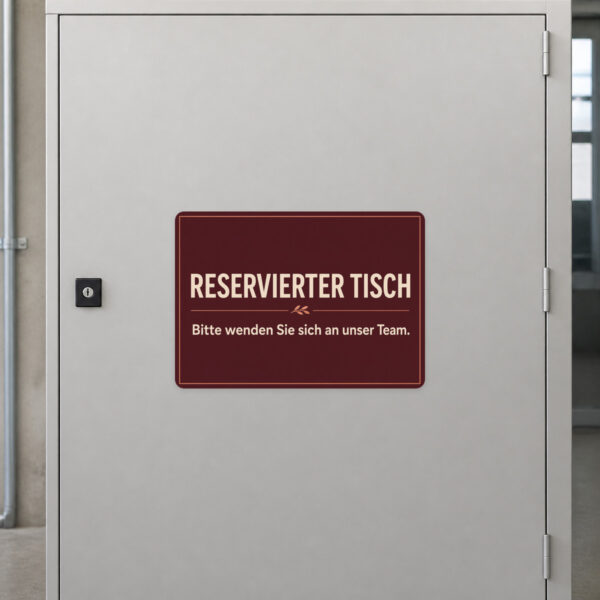 KI-generiertes Anwendungsbeispiel: Reservierter Tisch Aufkleber auf grauem Untergrund mit grün-beigem Gastronomie-Motiv.