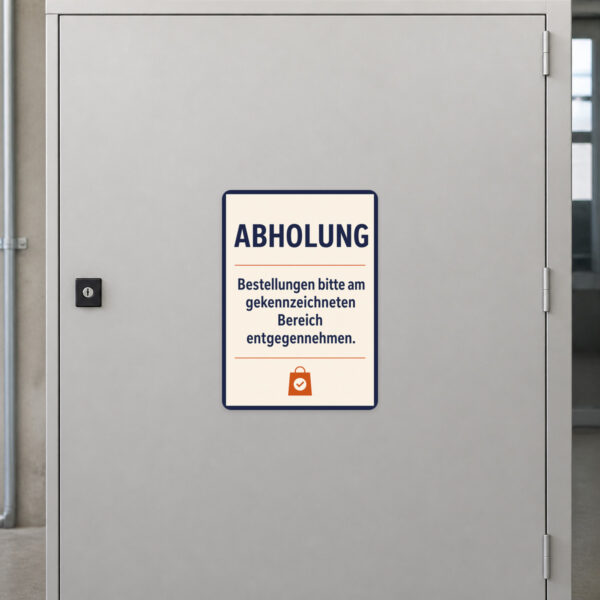 KI-generiertes Anwendungsbeispiel: Abholung Aufkleber an einer Theke zur Kennzeichnung des Bestellabholbereichs.