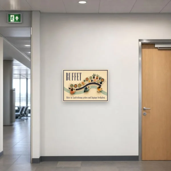 KI-generiertes Anwendungsbeispiel: Buffet Hinweisschild mit Laufrichtungs-Text an einer Wand im Gastronomiebereich.
