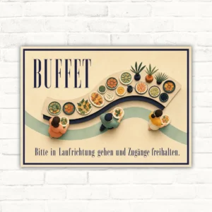 Buffet Schild mit Text „Bitte in Laufrichtung gehen und Zugänge freihalten“ als querformatiges Hinweisschild.