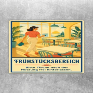 Aufkleber Frühstücksbereich mit Illustration eines hellen Frühstücksraums und Hinweis, Tische frei zu hinterlassen.